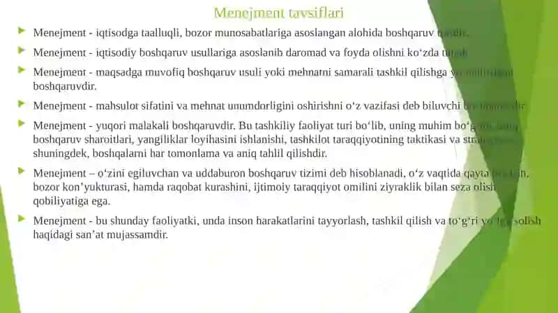 Menejment hizmat ko'rsatish faoliyati va uning o'ziga xos hususiyatlari 4