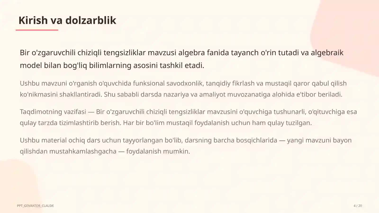 Bir o'zgaruvchili chiziqli tengsizliklar (8-sinf) 4