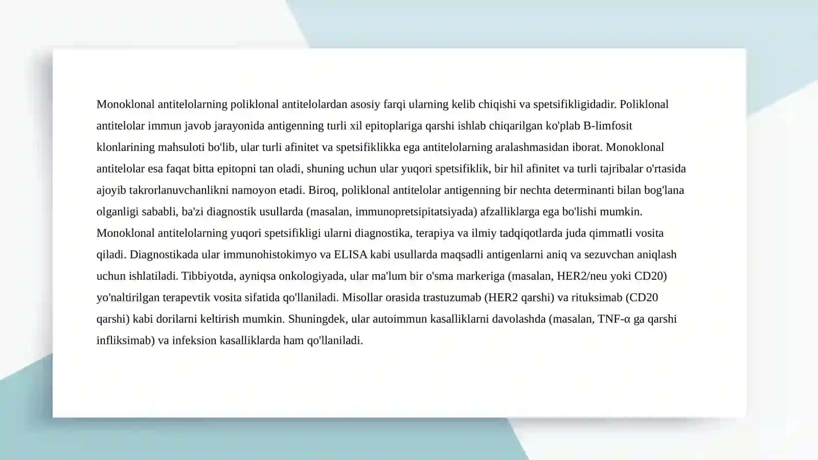 Monoklonal antitelolar, olish usullari va tibbiyot amaliyotida qo'llanilishi 4