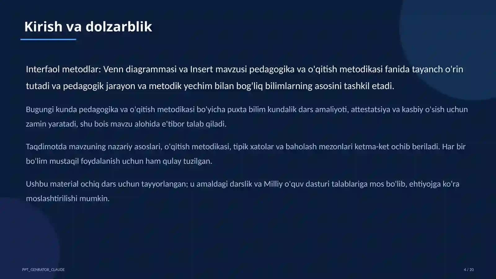 Interfaol metodlar: Venn diagrammasi va Insert 4