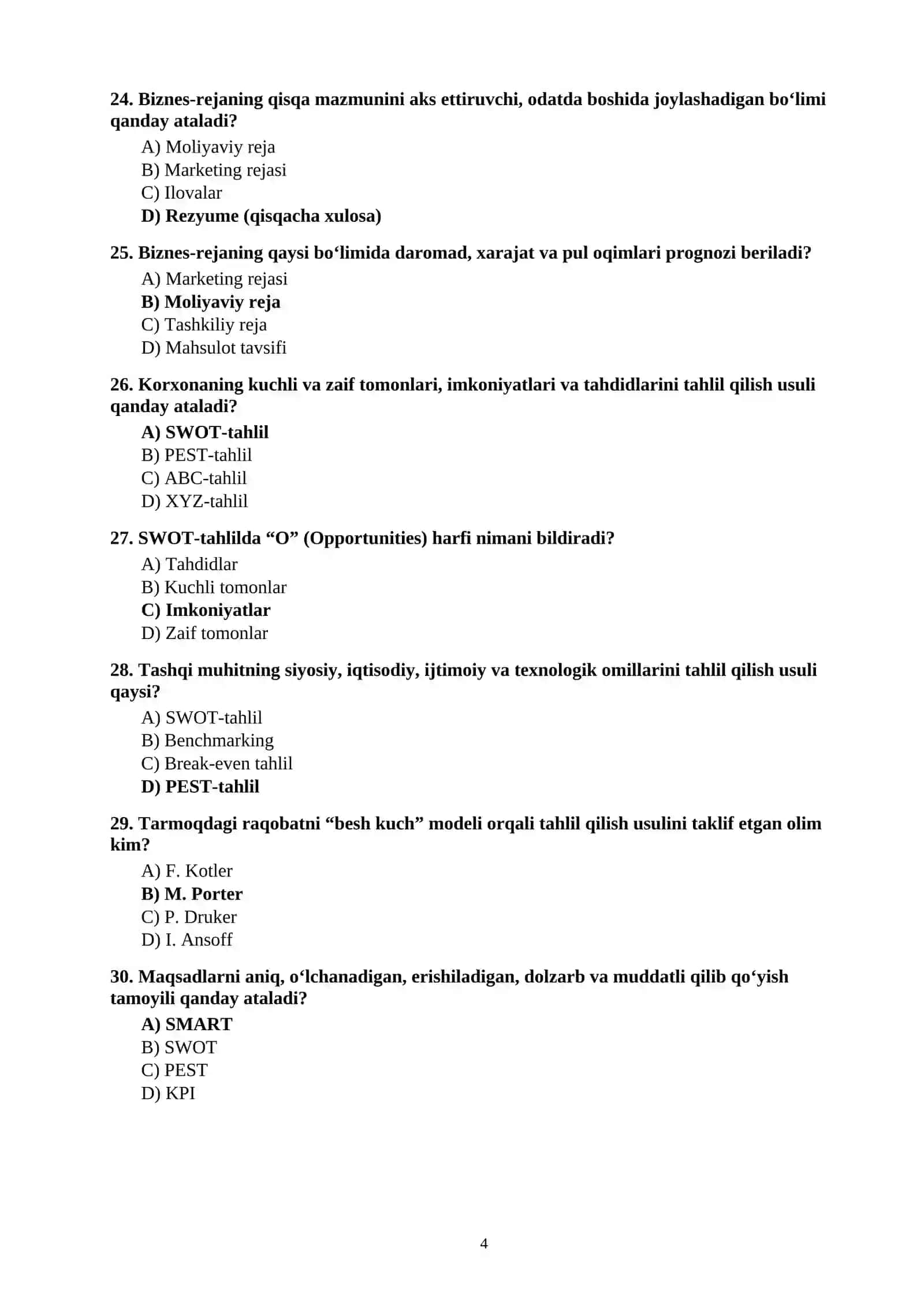 TADBIRKORLIK ASOSLARI” DAN 100 TA TEST SAVOLLARI JAVOBLARI BILAN 4