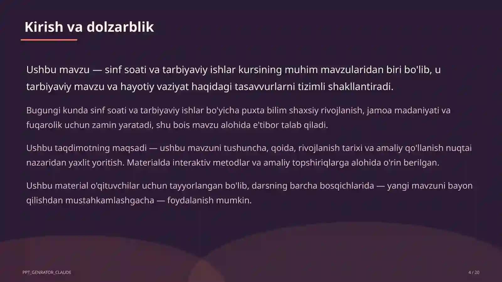Sinf soati va tarbiyaviy tadbirlar (1–11) — o'qituvchilar uchun 4
