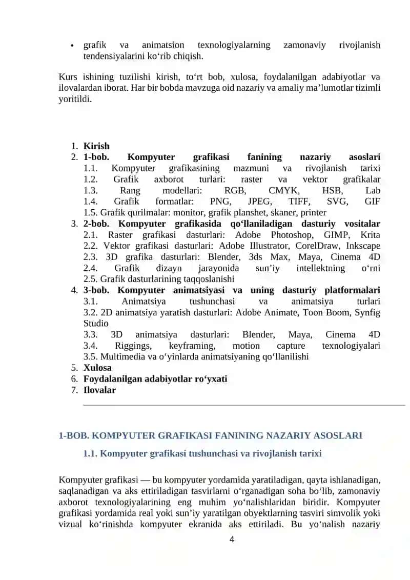 Kompyuter grafikasi va animatsiya dasturiy vositalari mavzusidagi KURS ISHI 4