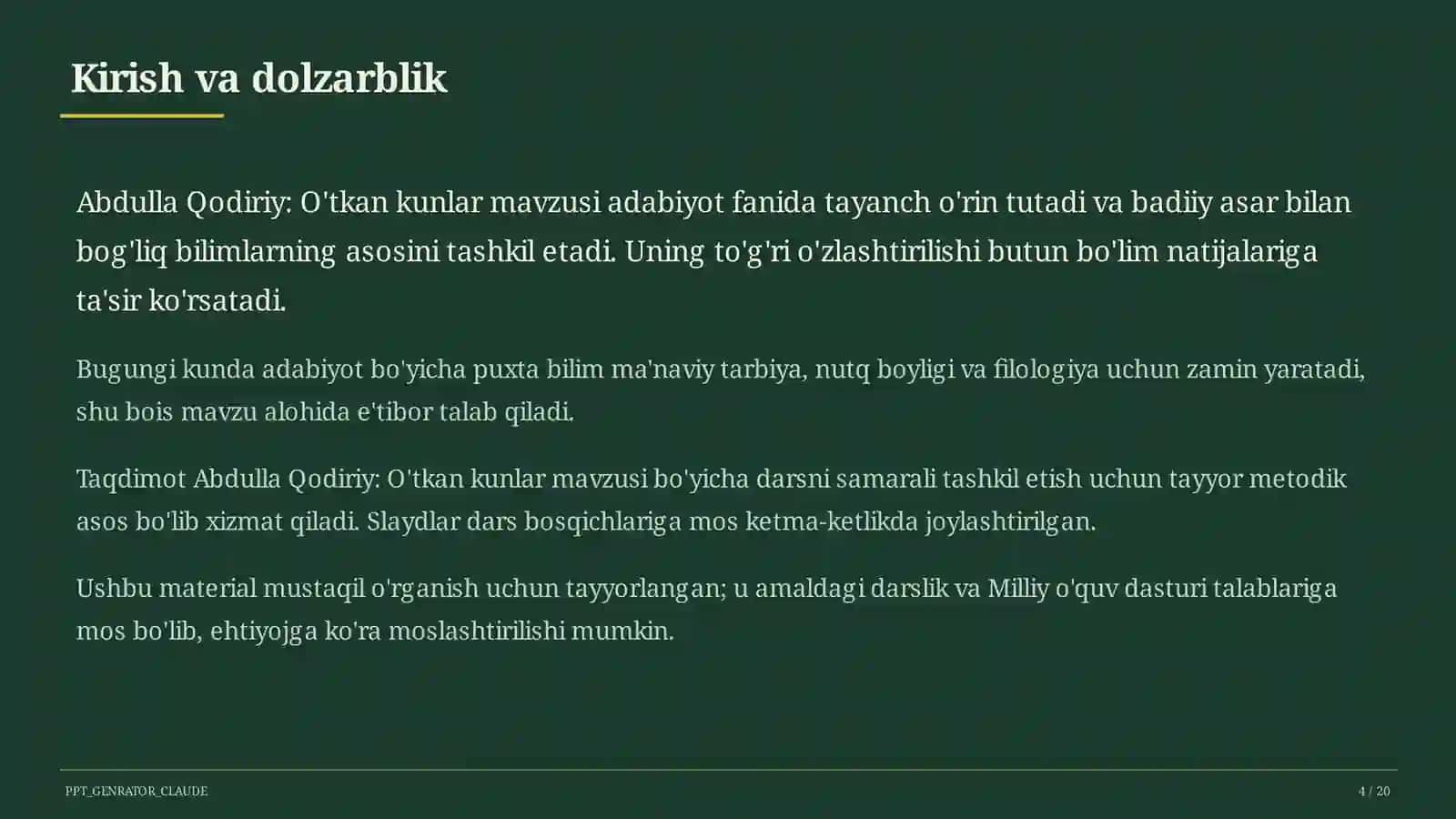 Abdulla Qodiriy: O'tkan kunlar (9-sinf) 4