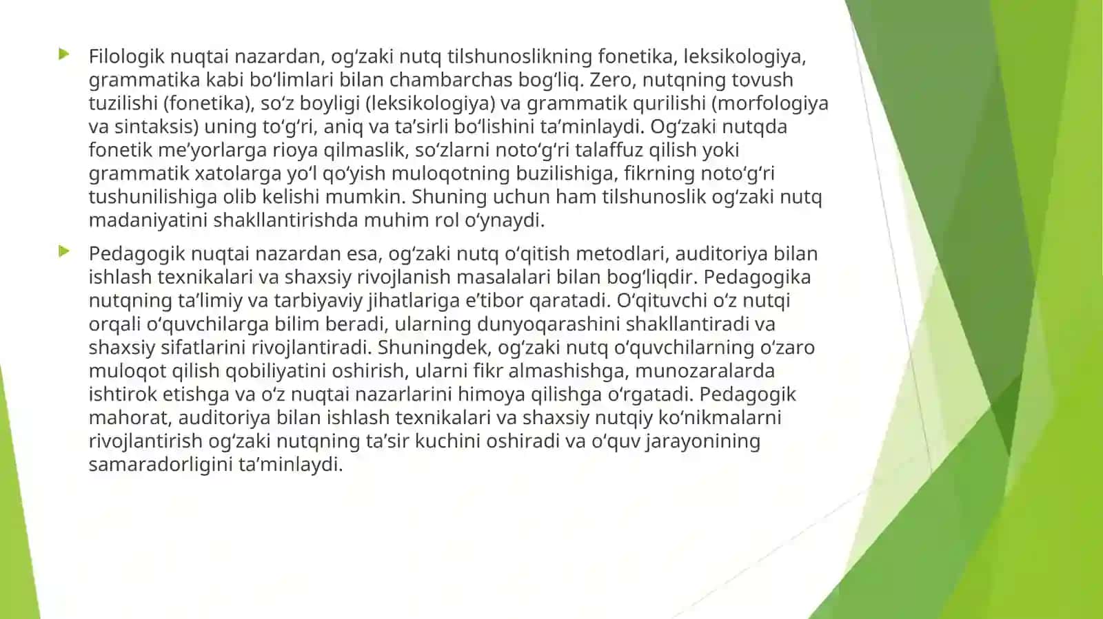 OG’ZAKI NUTQNING PEDAGOGIK VA FILOLOGIK ASOSLARI: TA’RIFI, VAZIFALARI, TAMOYILLARI. OG’ZAKI NUTQNING KOMMUNIKATIV XUSUSIYATLARI: MULOQOTNING SHAKLLARI VA TURLARI. OG’ZAKI NUTQNING PSIXOLINGVISTIK JIHATLARI: TAFAKKUR, XOTIRA, HISSIYOTLAR 4