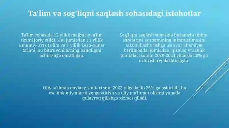 Ijtimoiy islohotlar aholining turmush darajasini oshirishga qaratilgan bo'lib, 2017-yildan boshlab 5 ta ustuvor yo'nalish bo'yicha amalga oshirilmoqda 4