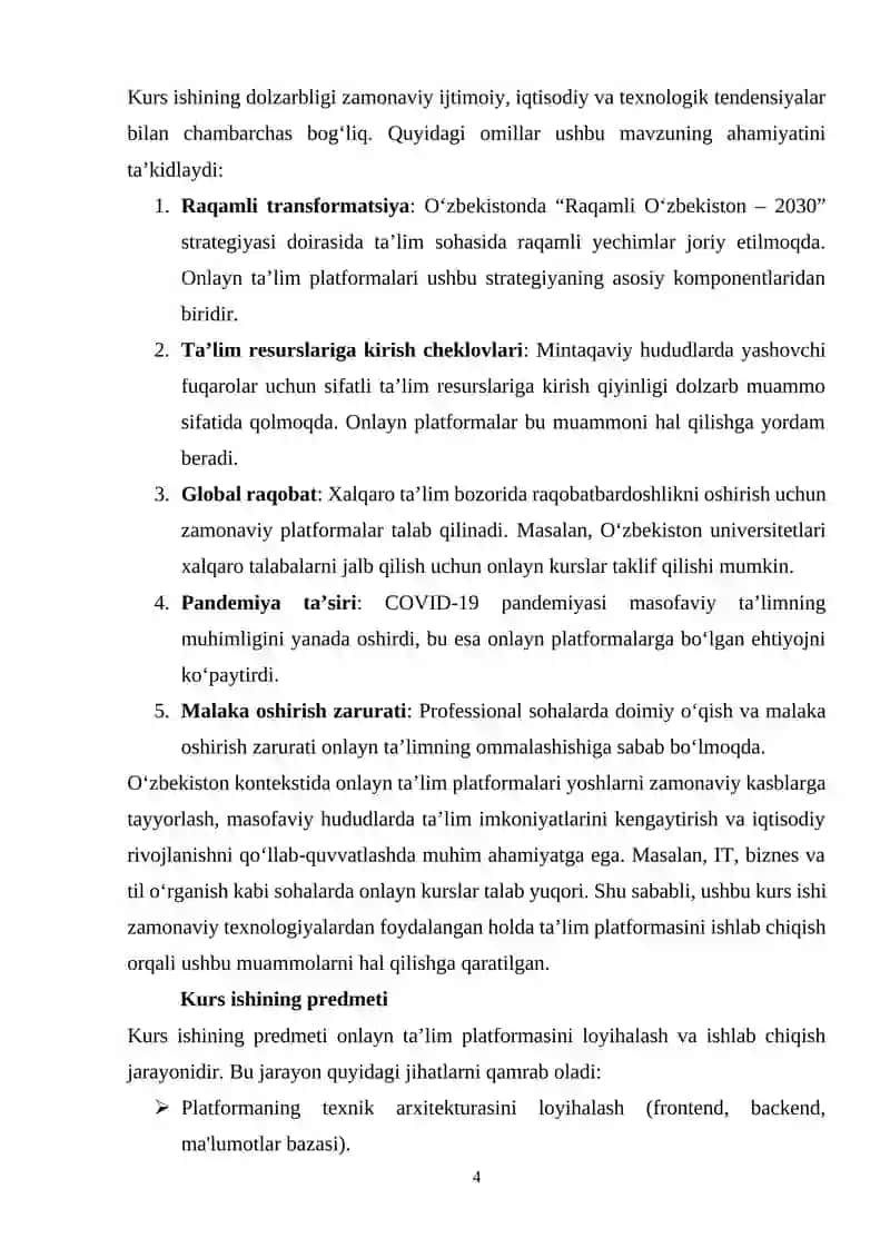 Online ta’lim platformasini ishlab chiqish. 4