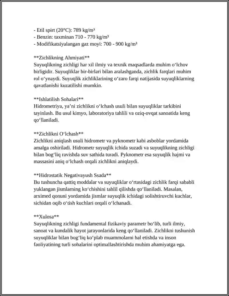 GIDROSTATIKA. SUYUQLIKNING FIZIKAVIY XOSSALARI VA ASOSIY KATTALIKLARI 4