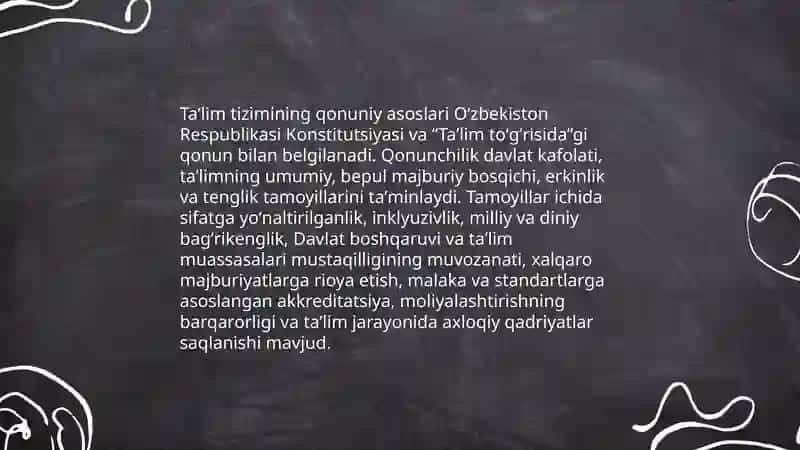 Oʻzbekiston respublikasi Talim toʻgʻrisidagi qonuni va taʼlim tizimi turlari 4