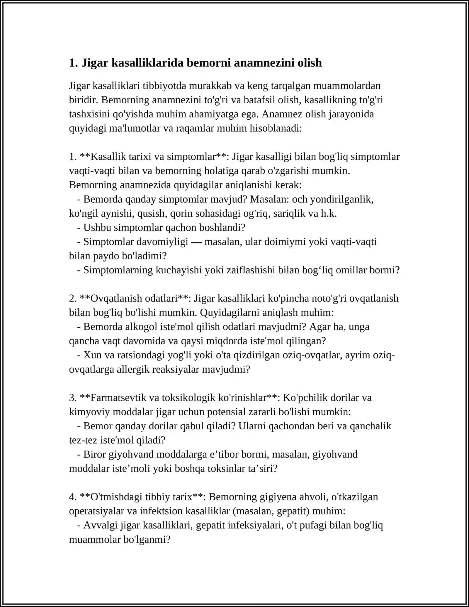 JIGAR VA O'T YO'LLARI KASALLIKLARIDA BEMORLARNI TEKSHIRISH. SO'RAB SURISHTIRISH. ASOSIY SHIKOYATLARI, DIAGNOSTIK AHAMIYATI 4