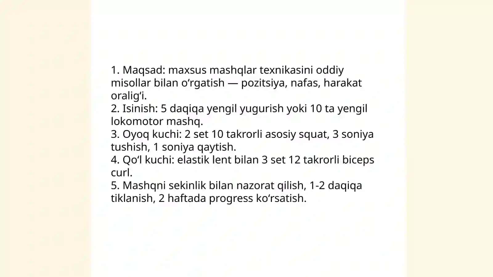 Reja: Umumrivojlantiruvchi va maxsus mashqlar texnikasi bilan tanishtirish oʻrgatish 4