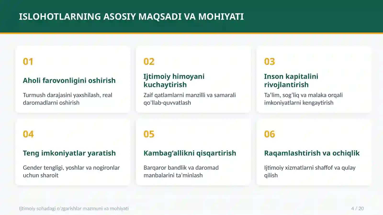 O‘ZBEKISTONDA IJTIMOIY SOHADA AMALGA OSHIRILAYOTGAN O‘ZGARISHLAR MAZMUNI VA MOHIYATI 4