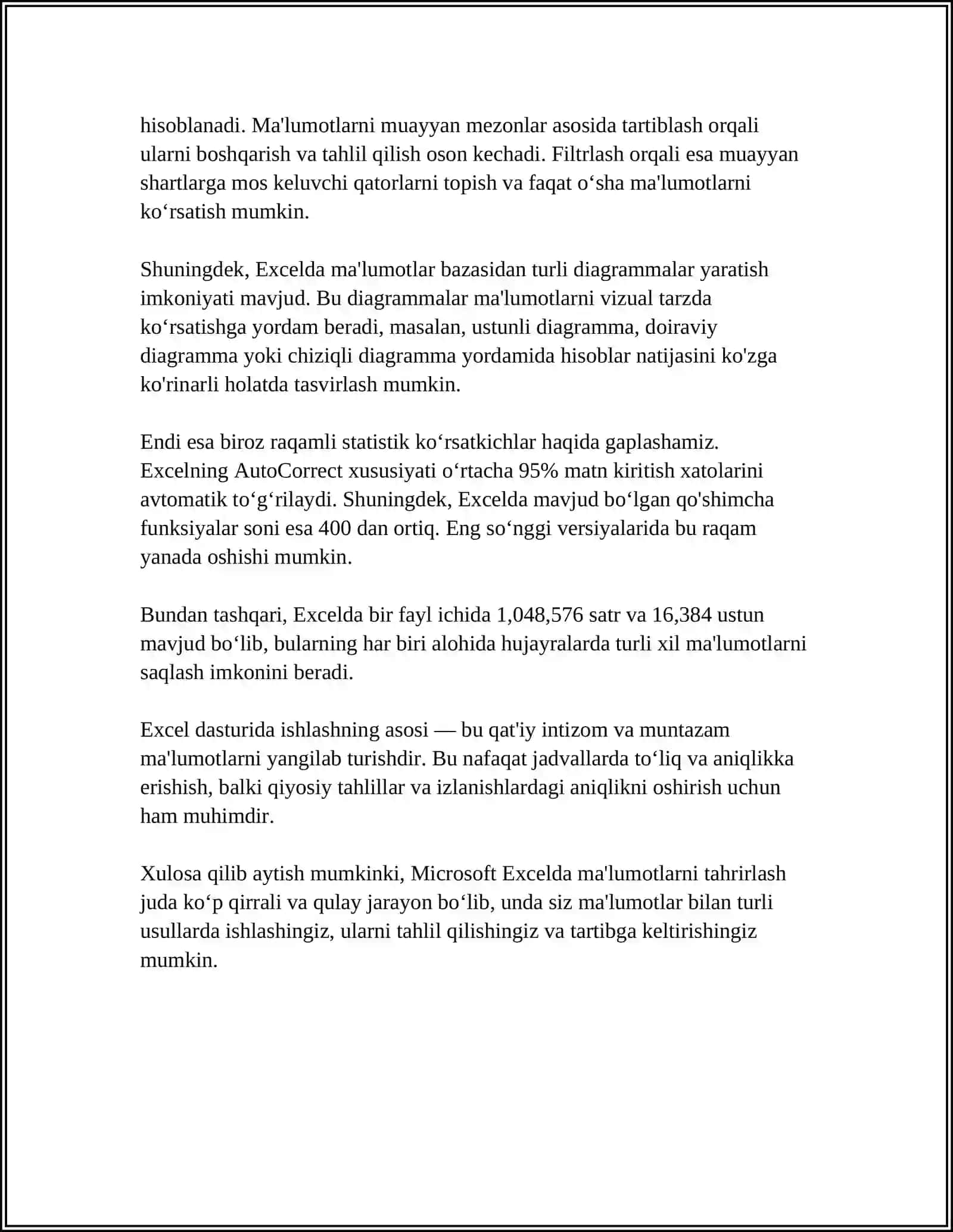 SONLI MA'LUMOTLARNI QAYTA ISHLASH TEXNOLOGIYASI.MICROSOFT EXCEL JADVAL MUHARRIRIDA MATN,FORMULA,DIAGRAMMA VA GIPERMUROJATLAR BILAN ISHLASH 4