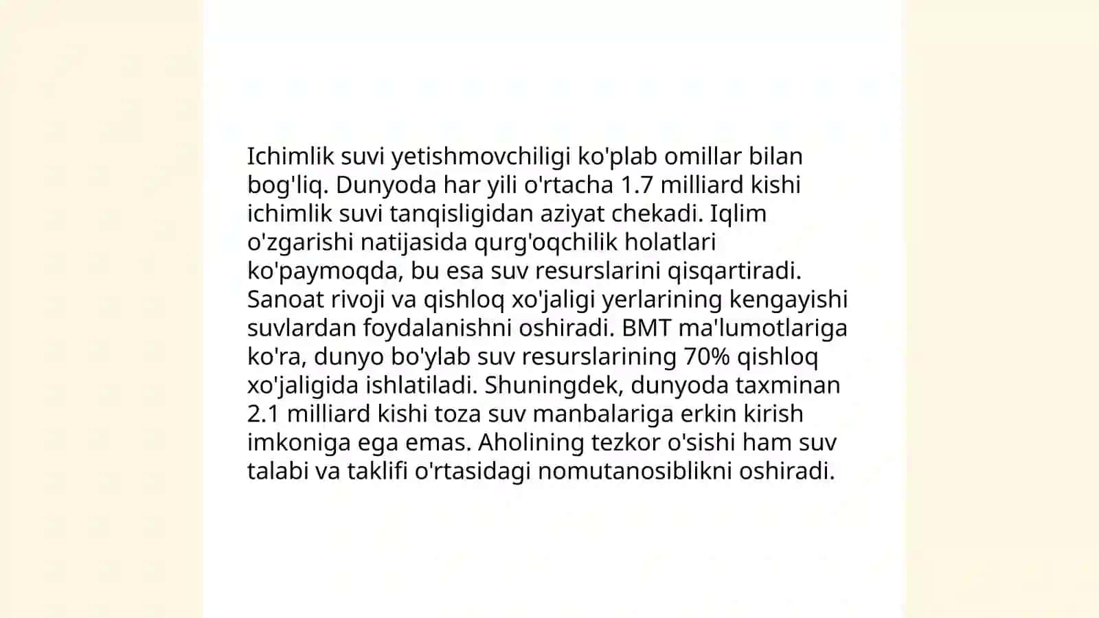 Ichimlik suvi yetishmovchiligi muammosi va yechimi 4
