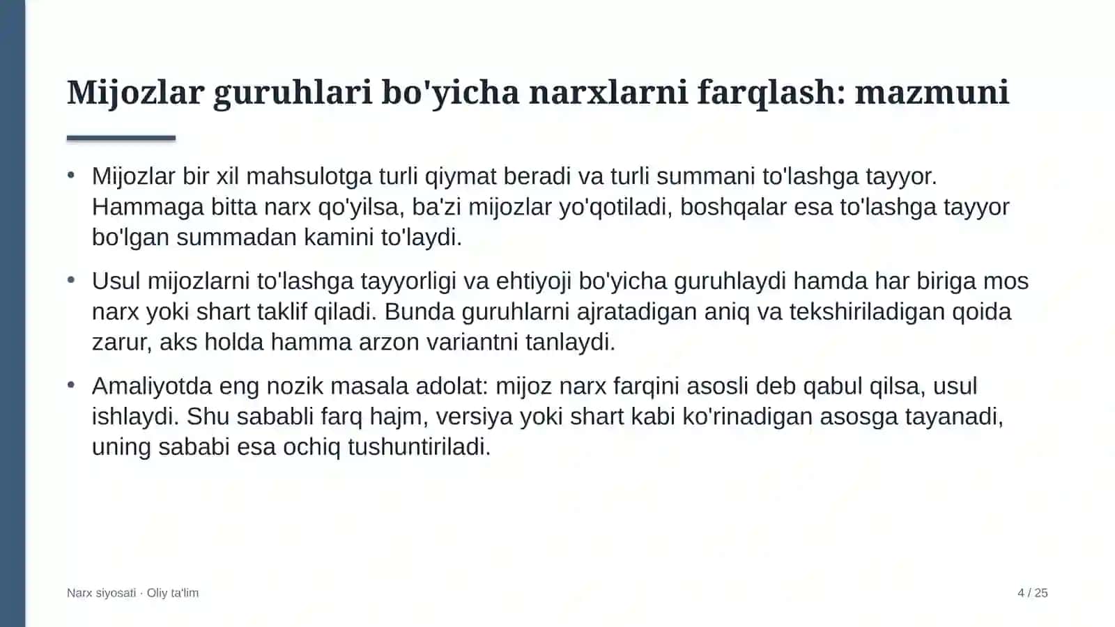 reabilitatsiya markazlarida mijozlar guruhlari bo'yicha narxlarni farqlash 3310 4