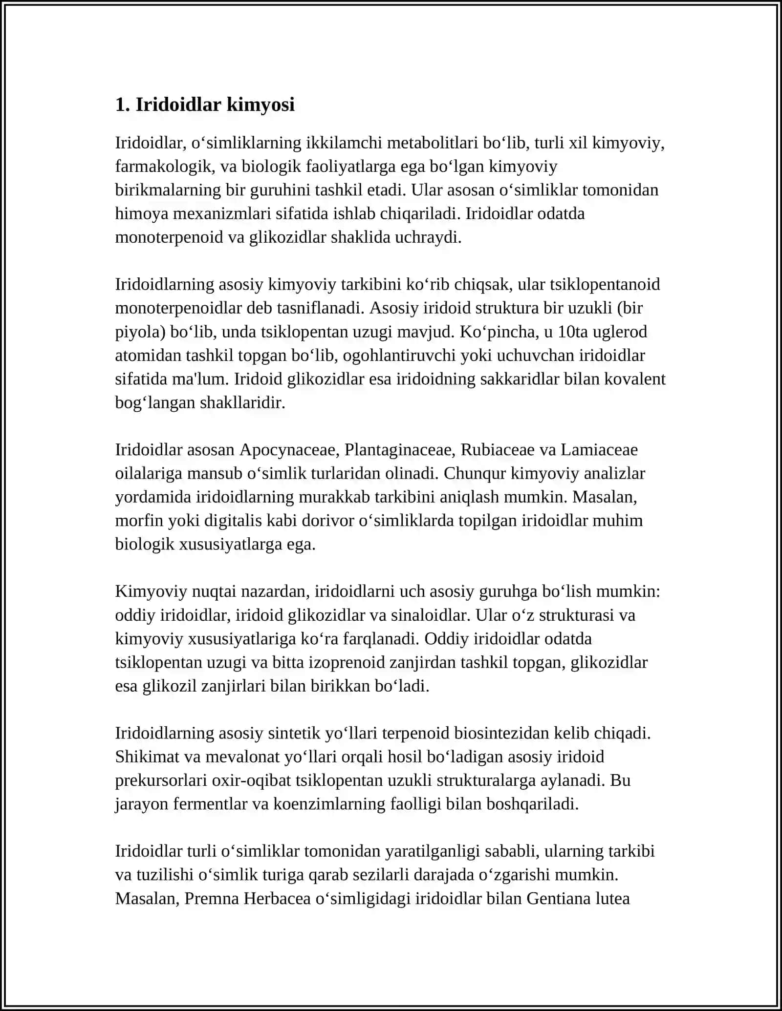 TARKIBIDA IRIDOIDLAR SAQLOVCHI DORIVOR O'SIMLIK MAHSULOTLARIDAN UCHBARG.DORIVOR QOQI TILLABOSH TURLARI VA ULAR SAQLAYDIGAN BIAFAOL MODDALAR 4