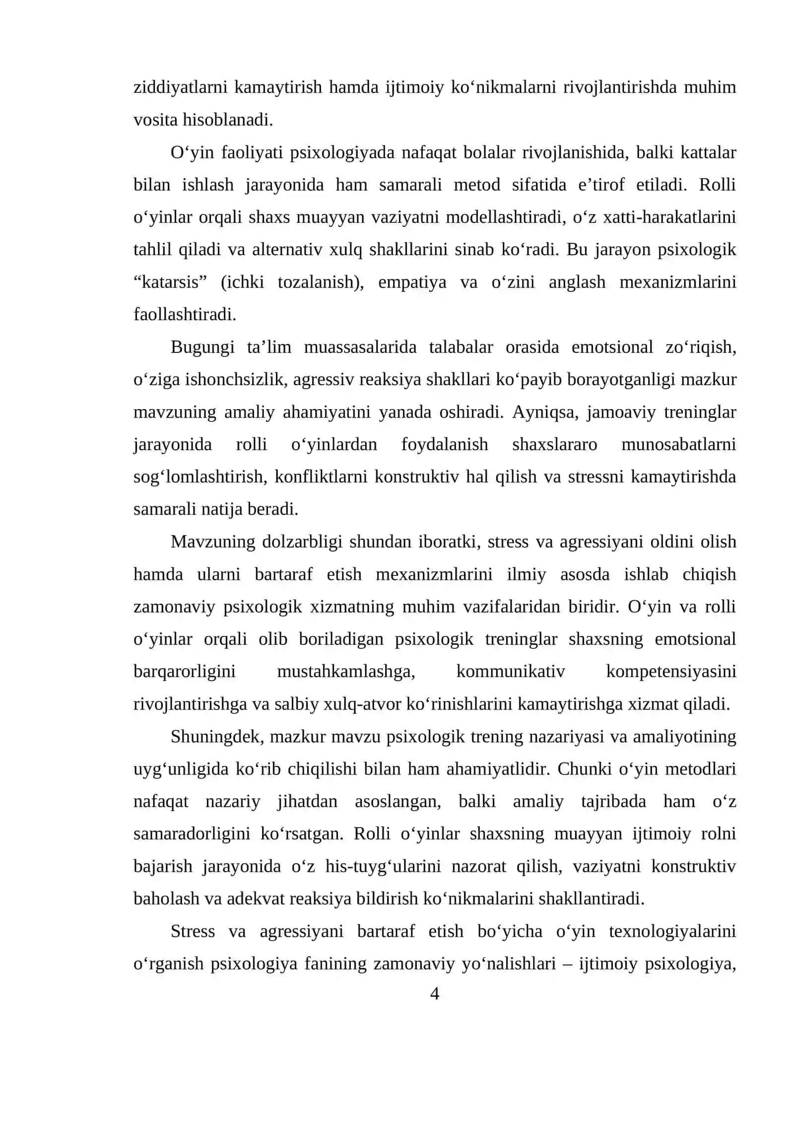 Stress va agressiyani bartaraf etish bo‘yicha o‘yin va ro‘llari o‘yinlarni o‘tkazish 4