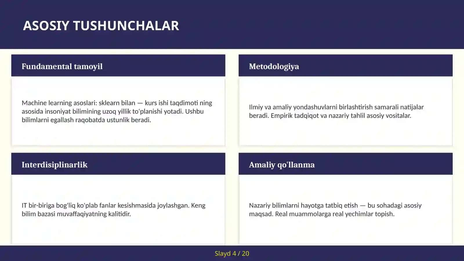 MACHINE LEARNING ASOSLARI: SKLEARN BILAN — KURS ISHI TAQDIMOTI 4