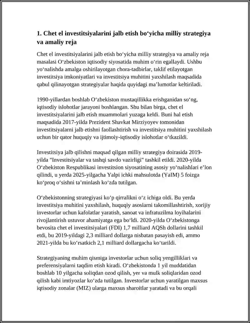 CHET EL INVESTISIYALARINI KENG JALB QILISH, XORIJIY INVESTORLAR UCHUN YANADA QULAY SHAROITLAR YARATISH 4