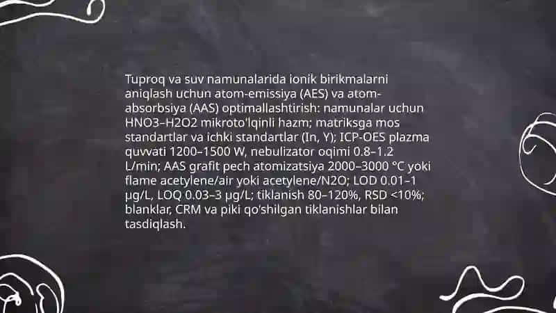 Tuproq va suvning ifloslanishida ion bog'lanishi birikmalarini aniqlash va ulardan tozalash usulini ishlab chiqish 4
