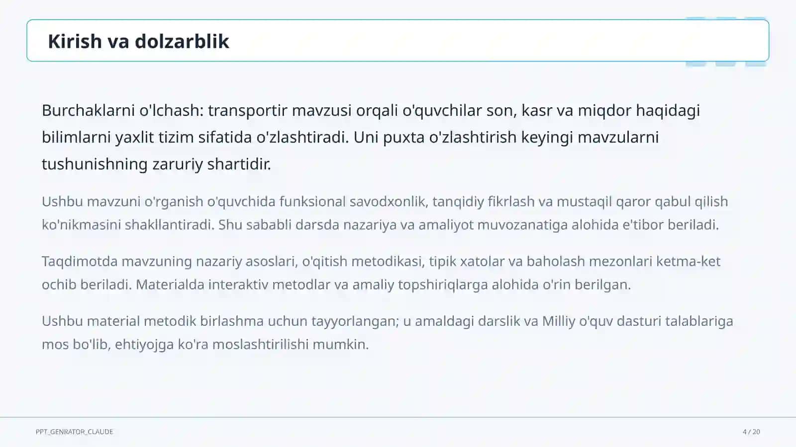 Burchaklarni o'lchash: transportir (5-sinf) 4
