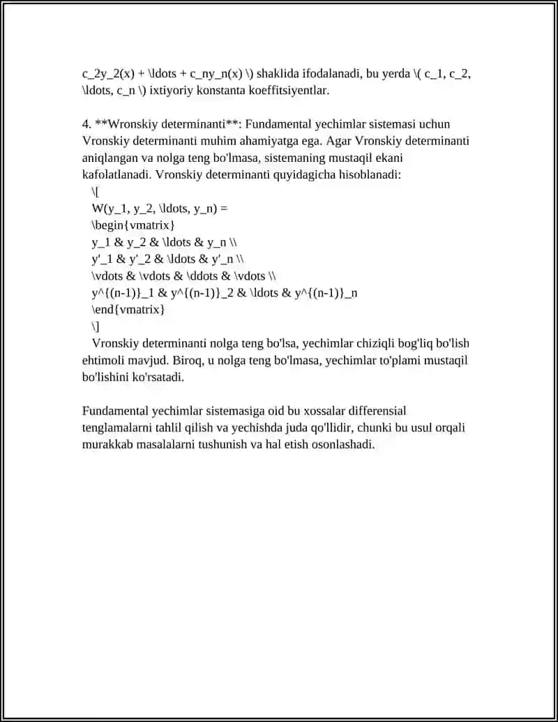 BIR JINSLI BOʻLMAGAN CHIZIQLI TENGLAMALAR SISTEMASINING FUNDAMENTAL YECHIMLAR SISTEMASI VA YECHIMLAR SISTEMASINI QURISH 4