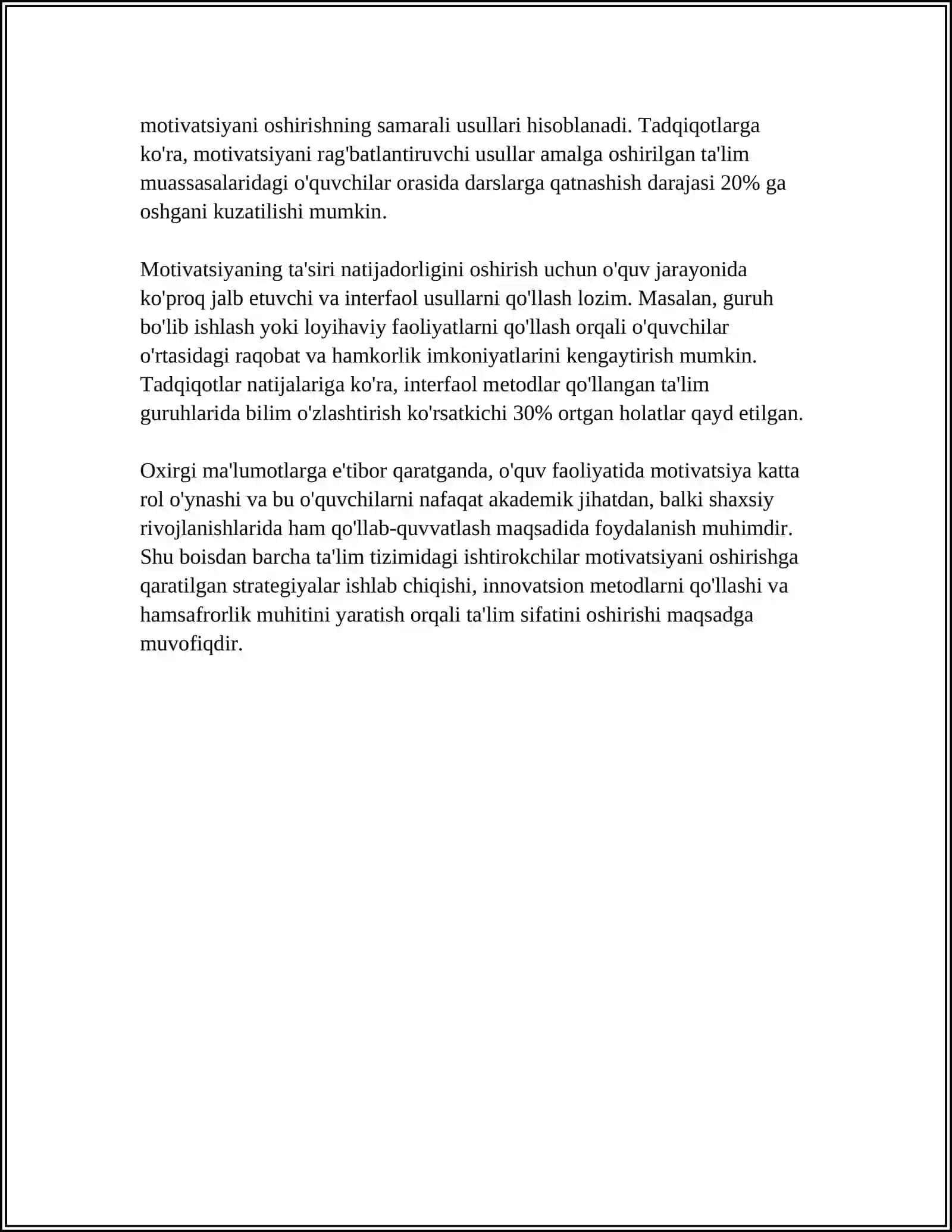 O‘QUV VA KASBIY FAOLIYAT MOTIVATSIYALARI. MOTIVATSIYA VA FAOLIYAT SAMARADORLIGI 4