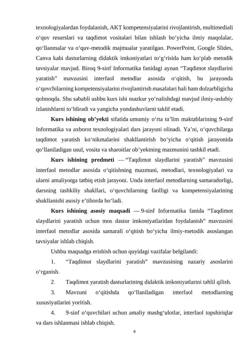 Umumiy o'rta ta'lim maktablarining 9-sinfida Informatika va AT fanidan "Taqdimot slaydlarini yaratish uchun mos dastur imkoniyatlaridan foydalanish" mavzusini o'qitishda interfaol metodlardan foydalanish 4