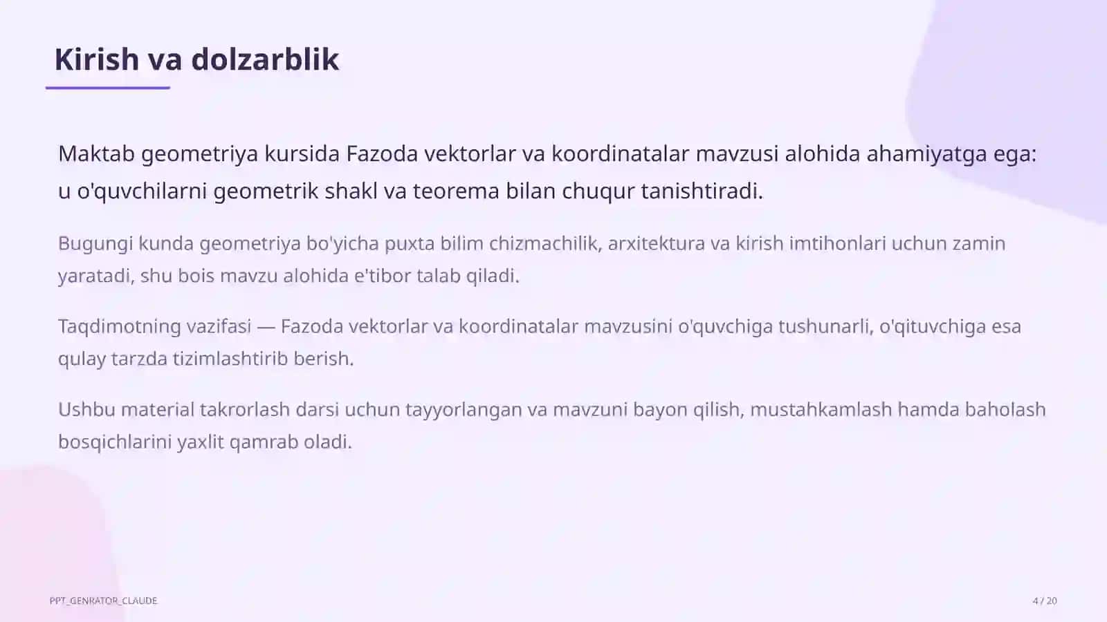Fazoda vektorlar va koordinatalar (11-sinf) 4