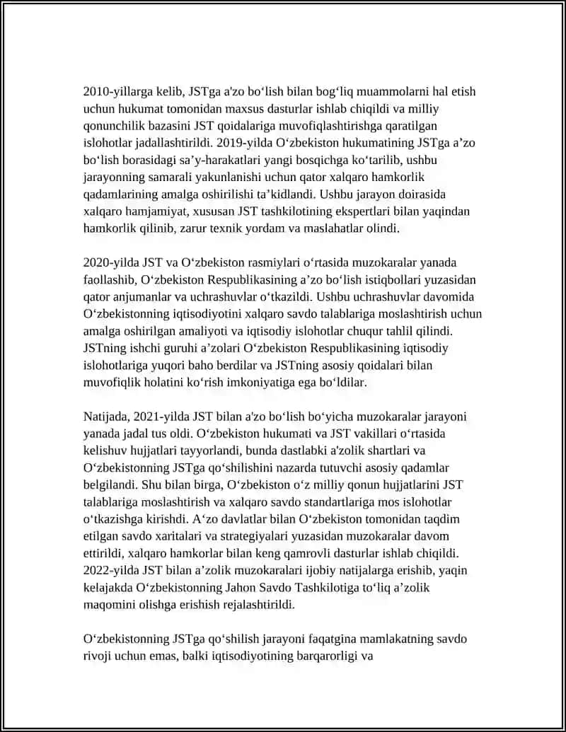 Oʻzbekistonning Jahon Savdo Tashkilotiga aʼzo boʻlish tarixi va jarayoni 4