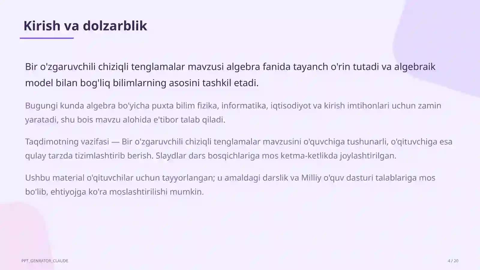 Bir o'zgaruvchili chiziqli tenglamalar (7-sinf) 4
