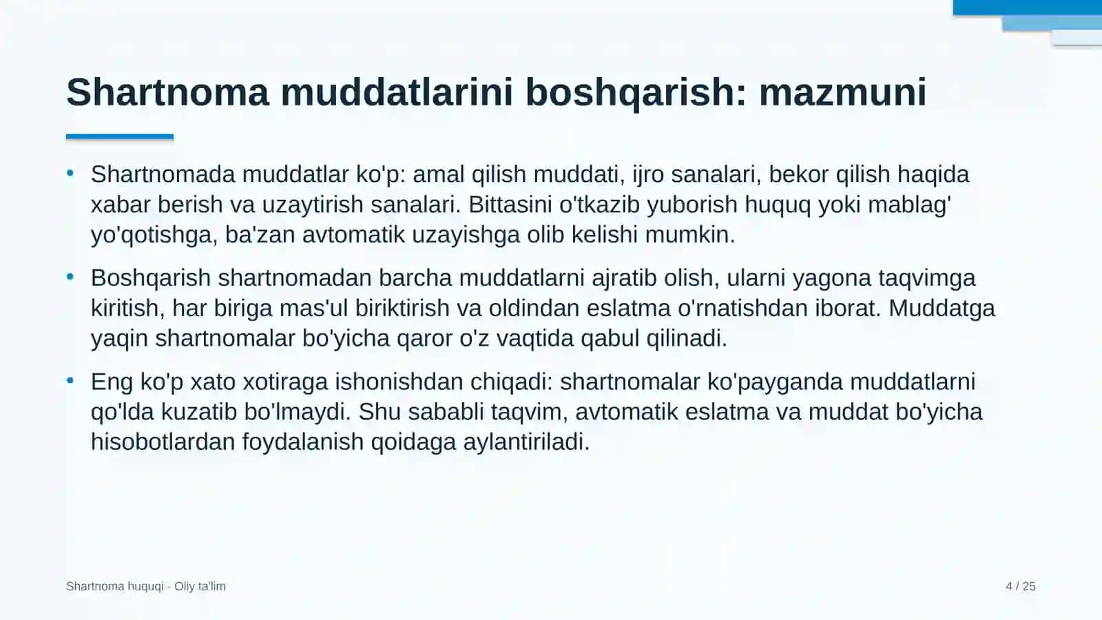 Shartnoma huquqi · Oliy ta'lim 4