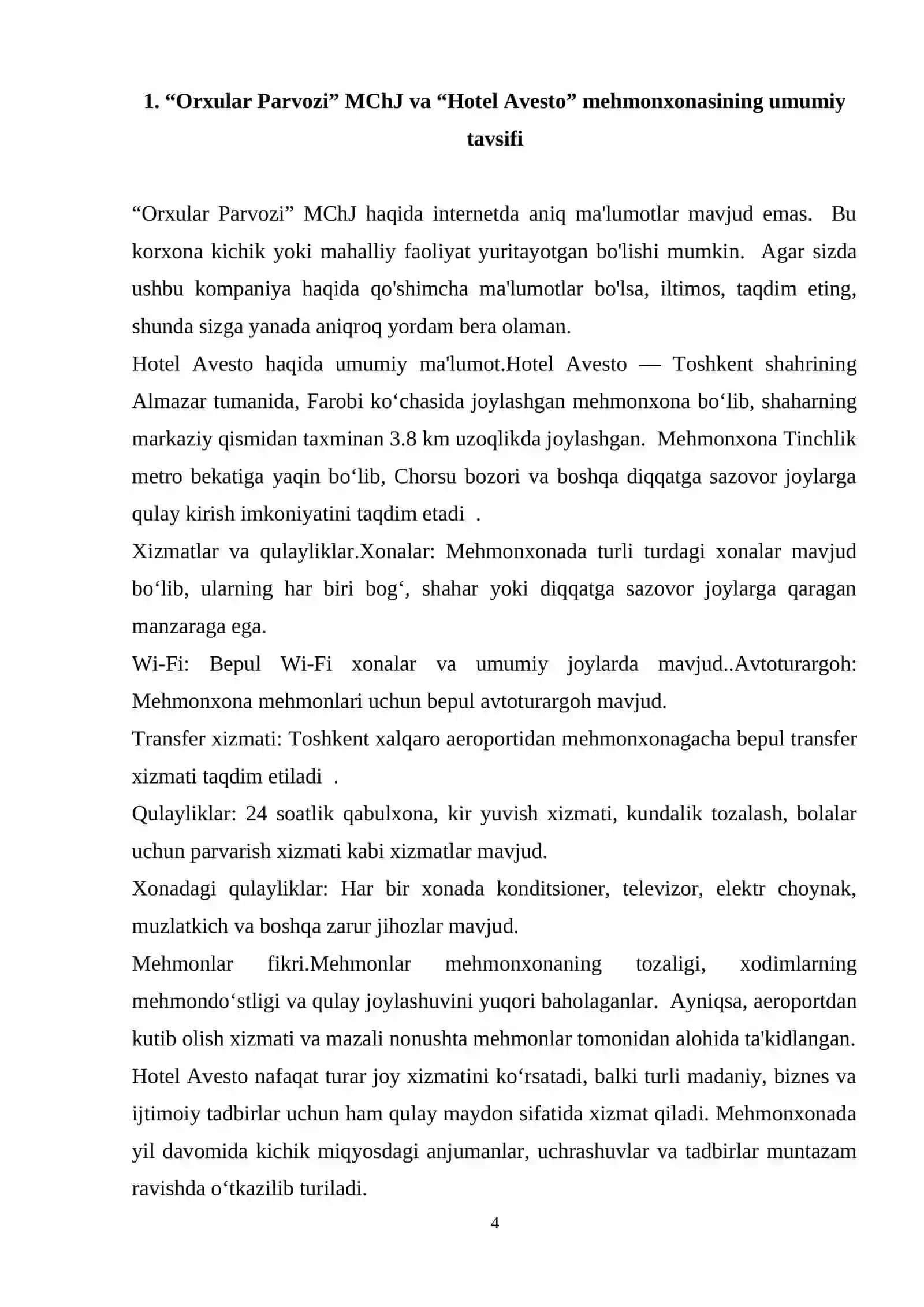 “Orxular Parvozi” MChJ va “Hotel Avesto” mehmonxonasining umumiy tavsifi 4