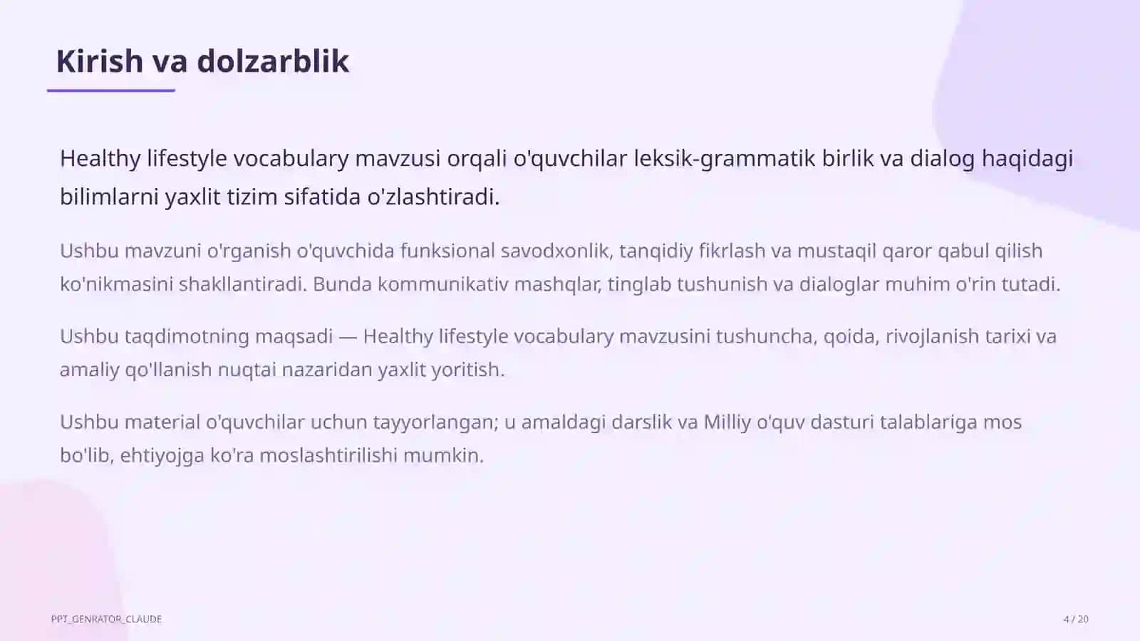 Healthy lifestyle vocabulary (7-sinf) 4