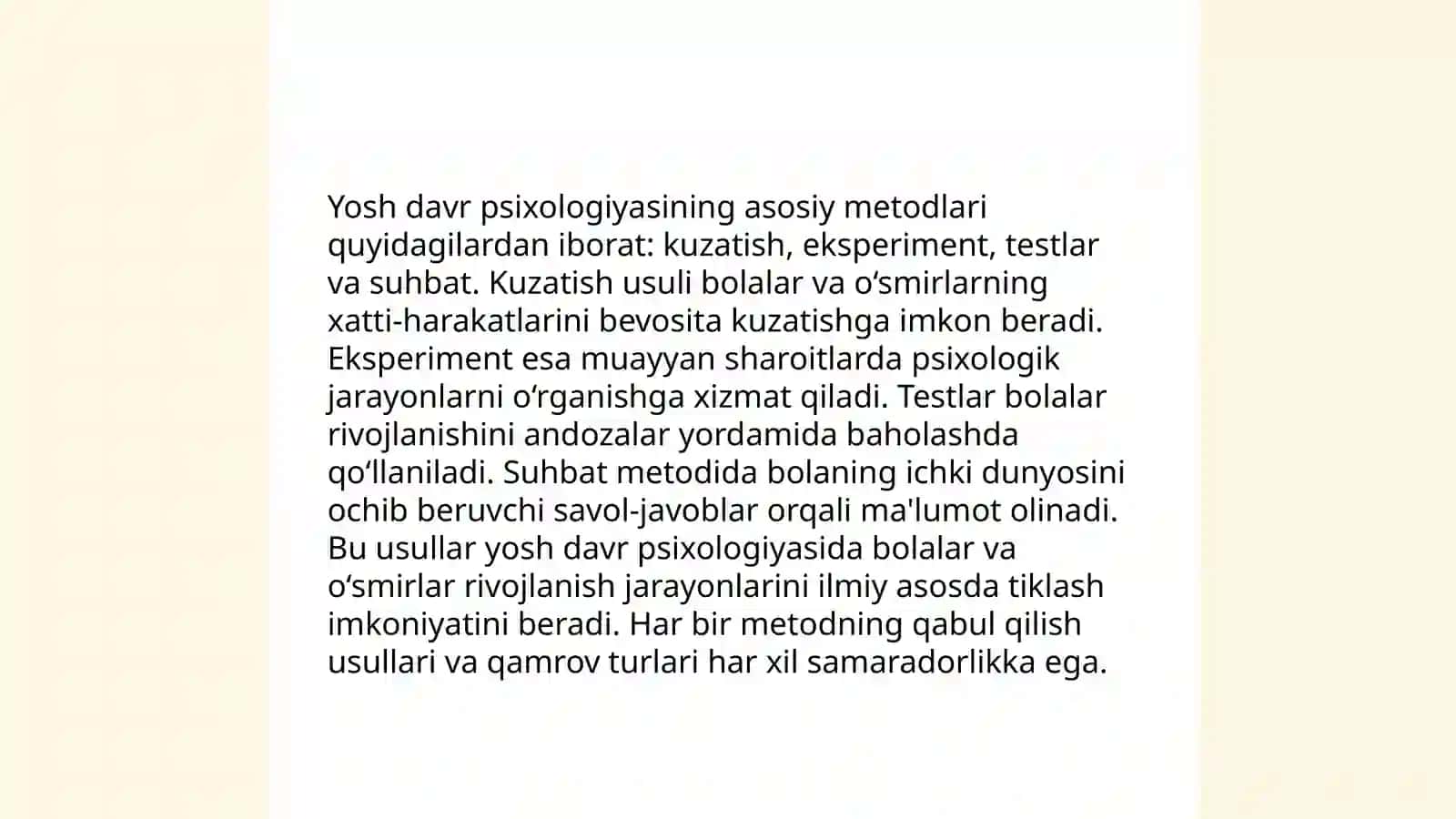 Yosh davr psixologiyasining predmeti metodlari.Umrdavrlarini tabaqalash 4