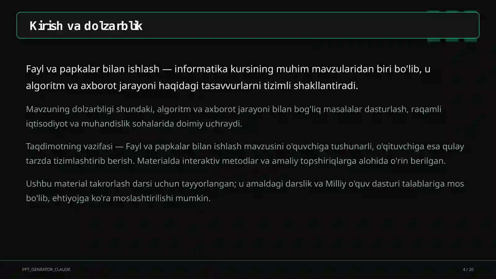 Fayl va papkalar bilan ishlash (5-sinf) Informatika va axborot texnologiyalari (5–11) — takrorlash darsi uchun 4