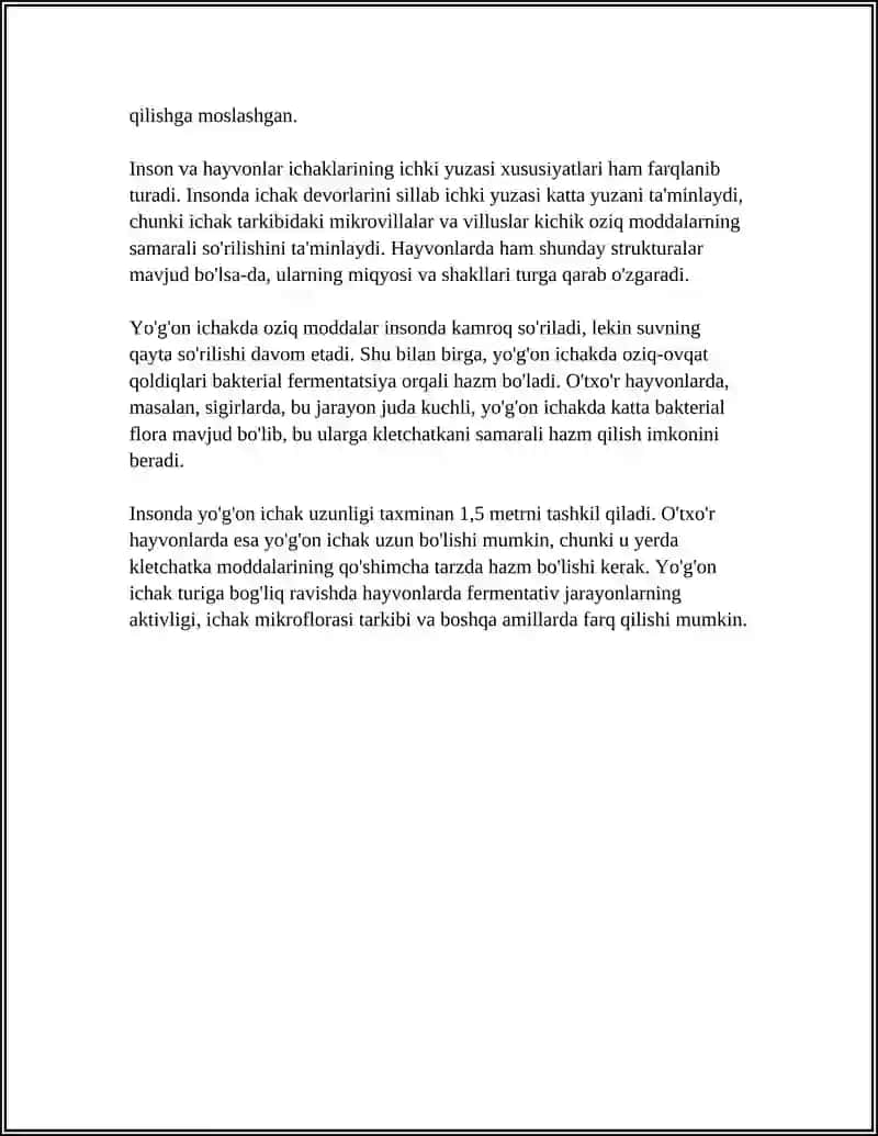 ODAM VA HAYVONLAR INGICHKA VA YO'G'ON ICHAGIDA OVQAT HAZM BO'LISHINI OʼZIGA XOSLIGI 4