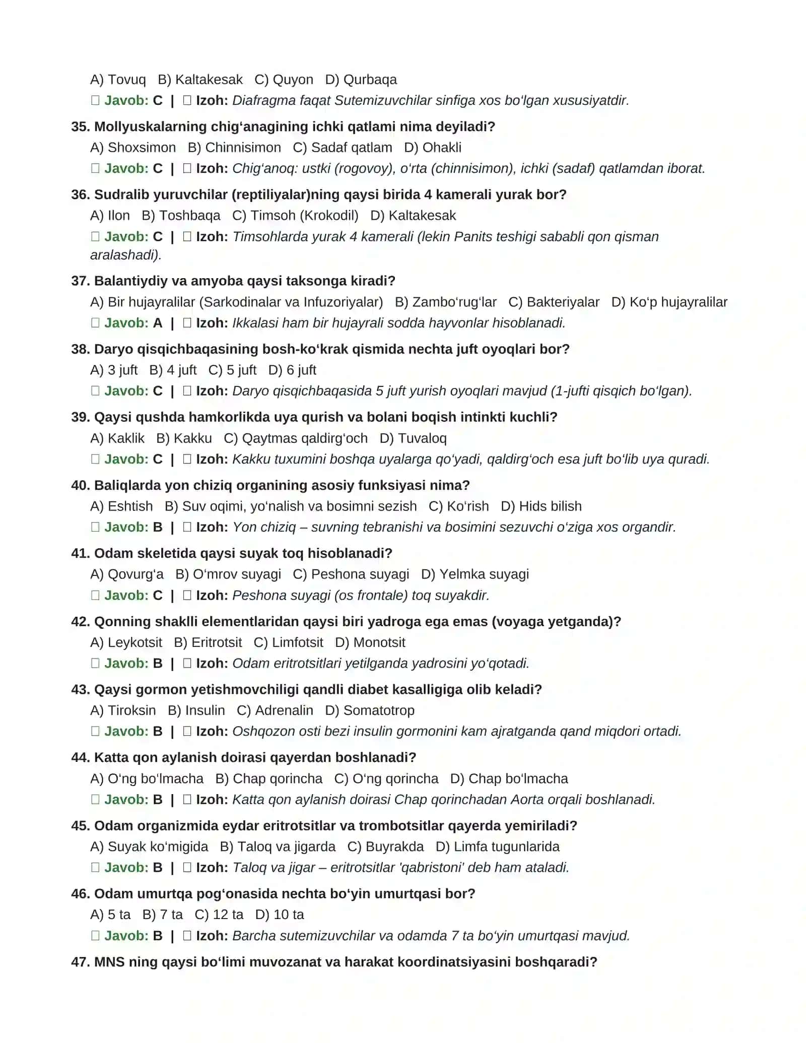 🧬"BIOLOGIYA DTM — 100+ Bazaviy Orginal Testlar | Javoblar va Tushuntirishlar" 4