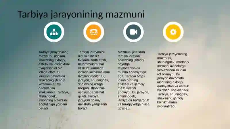 Tarbiya jarayonining mazmuni va mohiyati. Tarbiya qonuniyatlari va tamoyillari 4