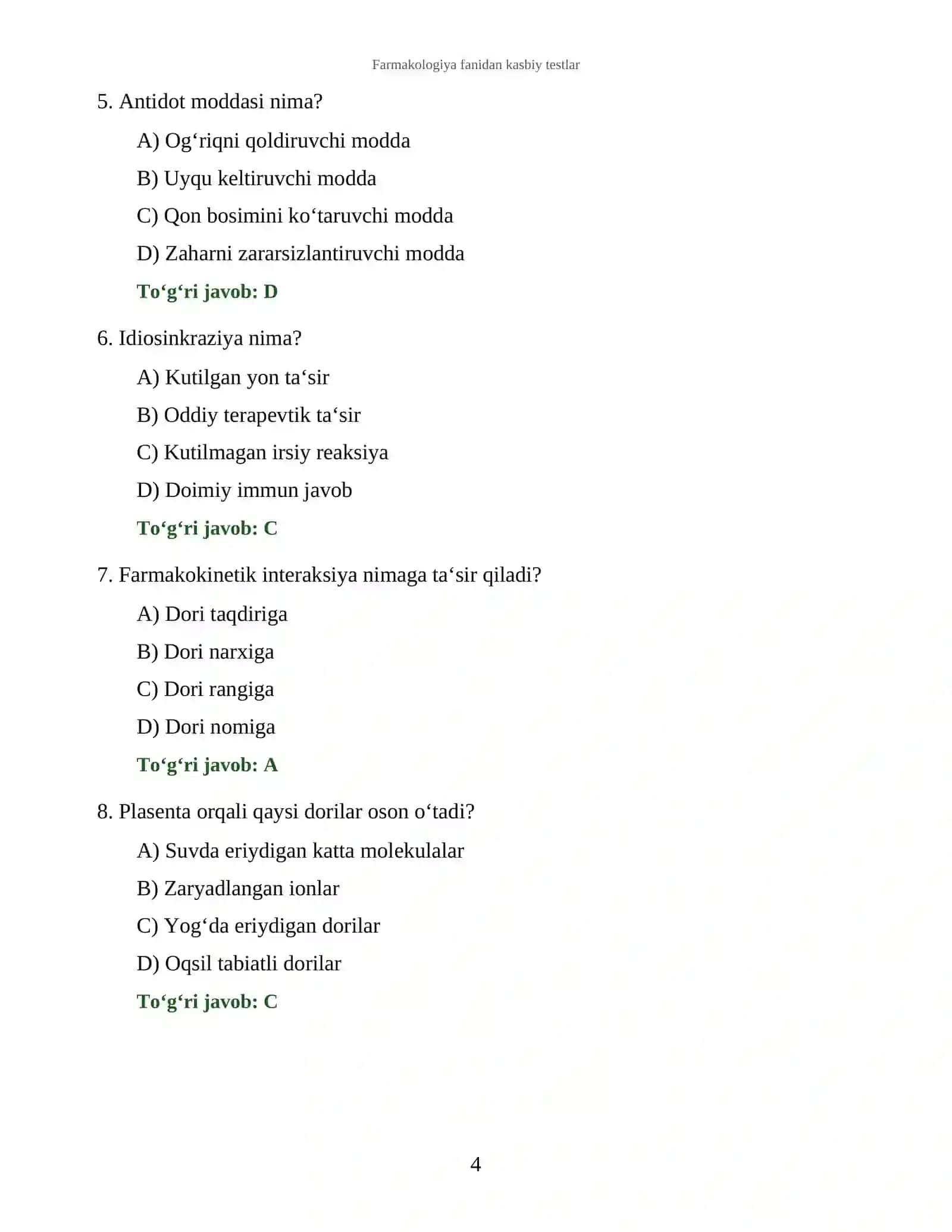 Farmakologiya fanidan kasbiy testlar 4