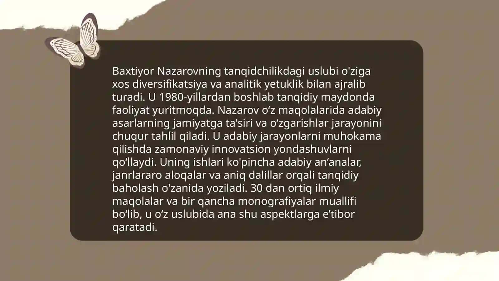 O’zbek nasrining mohir tanqidchilari. Umarali Normatov va Baxtiyor Nazarovning tanqidchilikka qo’shgan hissasi 4