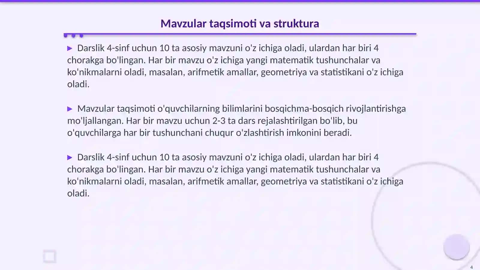 4-sinf matematika darsligi tahlili va choraklar boʻyicha joylashuvi 4