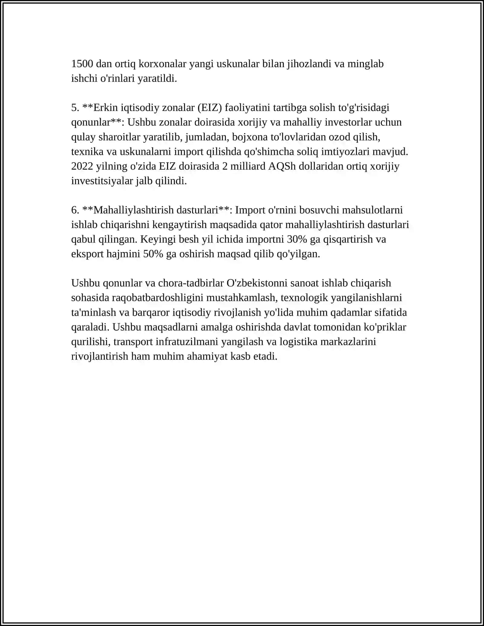 MUSTAQIL ISH Mavzu: SANOAT ISHLAB CHIQARISHI SOHASIDA AMALGA OSHIRILGAN ISLOHATLAR 4