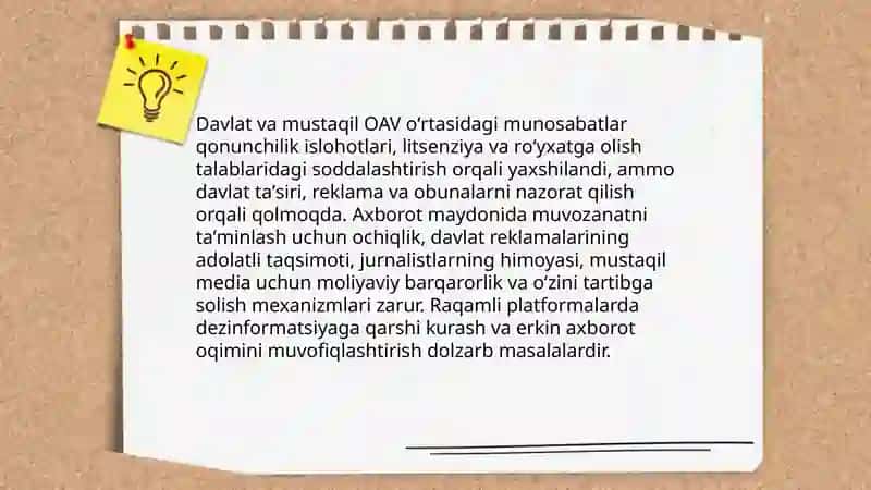 Oʻzbekiston Respublikasida ommaviy axborot vositalarining faoliyati( oʻzgarish va muammolar) 4