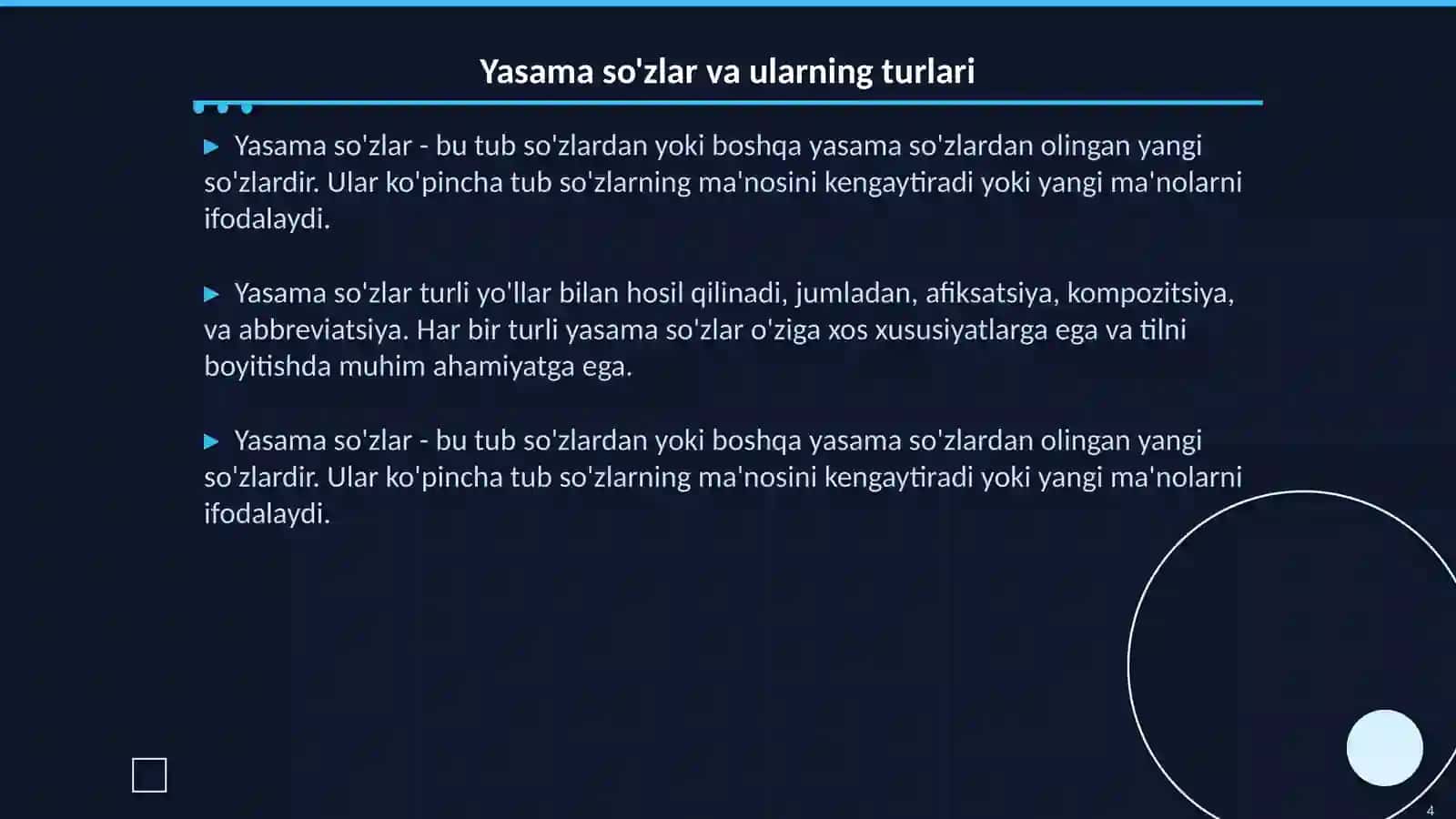 Tub va yasama so'zlar. So'z yasalishi (derivatsiya). Ona tilida yasash usullari: afdiksatsiya, kompozitsiya, semantik, fonetik, abbreviatsiya 4