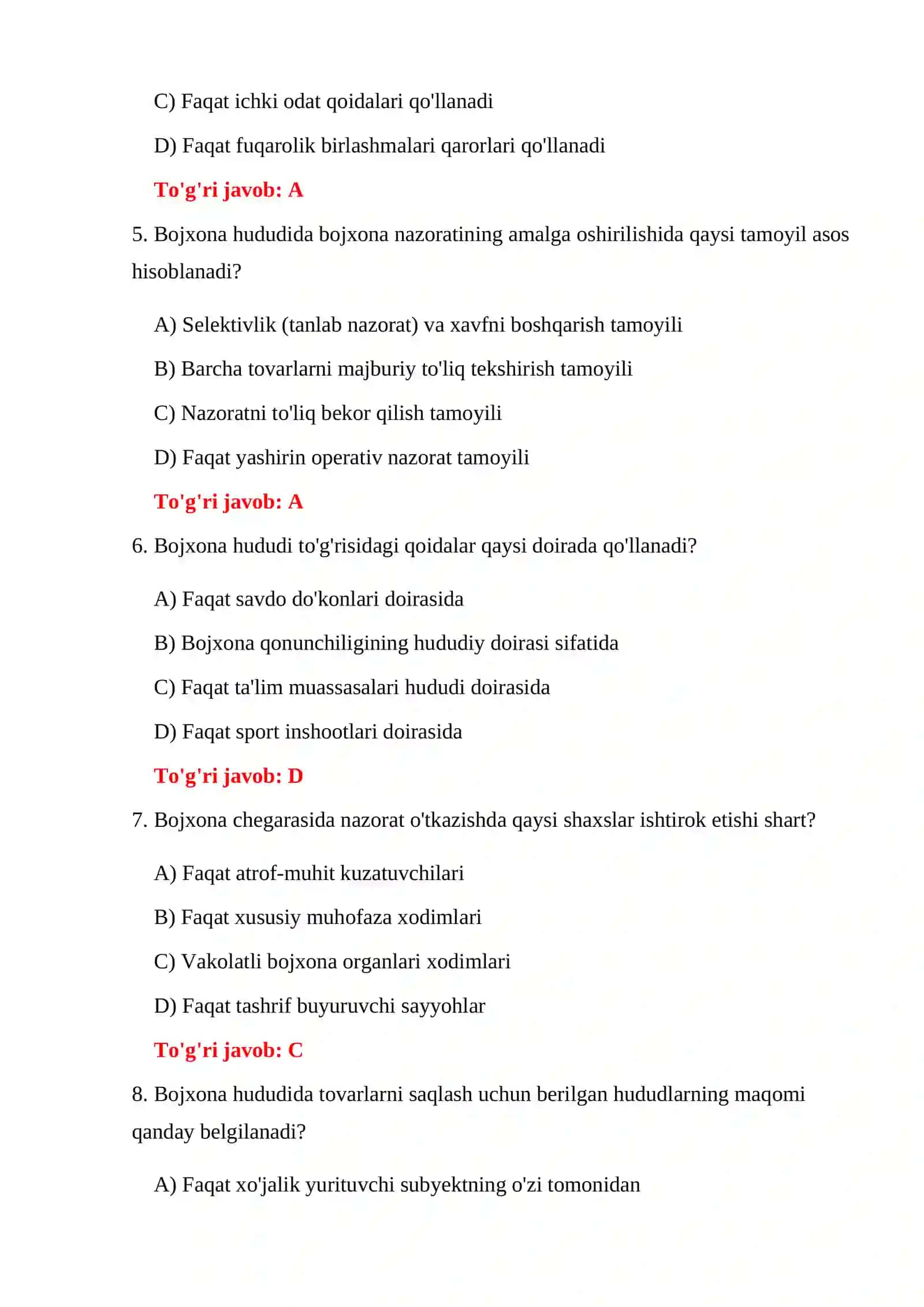 BOJXONA KODEKSI 100 TA TEST 4
