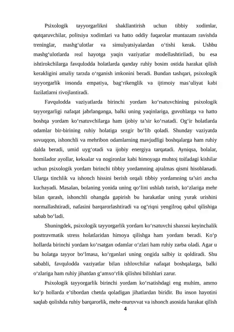 Favqulodda vaziyatlarda jabrlanganlarga birinchi tibbiy yordam ko’rsatishda psixologik tayyorgarlikning o’rni va ahamiyati 4