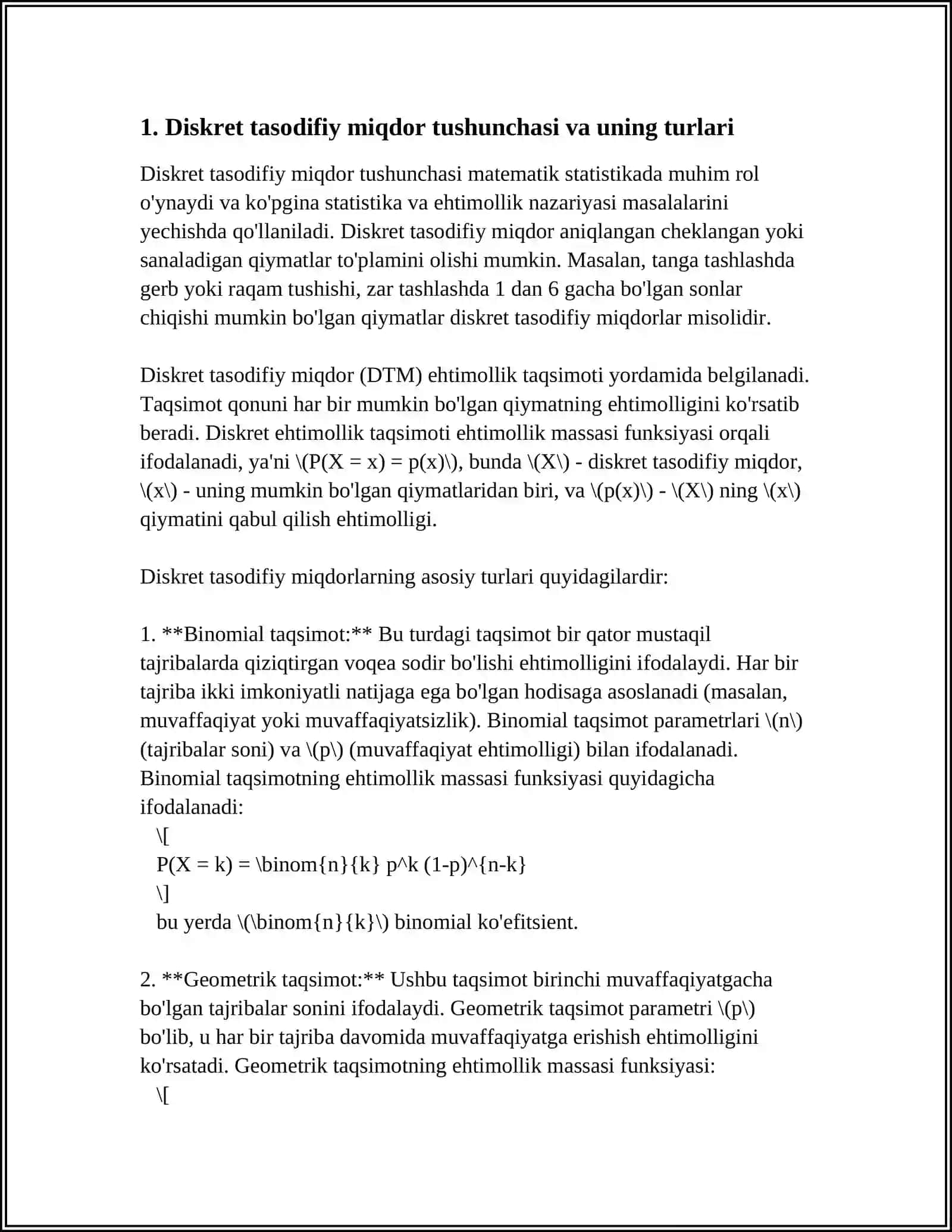 DISKRET TASODIFIY MIQDORLAR. TAQSIMOT QONUNI. DISKRET TAQSIMOTLARNING TURLARI. TASODIFIY MIQDOR TUSHUNCHASI VA UNING TURLARI. DISKRET TASODIFIY MIQDORNING TAQSIMOT QONUNI. AYRIM DISKRET TAQSIMOTLAR-BINOMIAL, GEOMETRIK VA PUASSON TAQSIMOTLARI 4