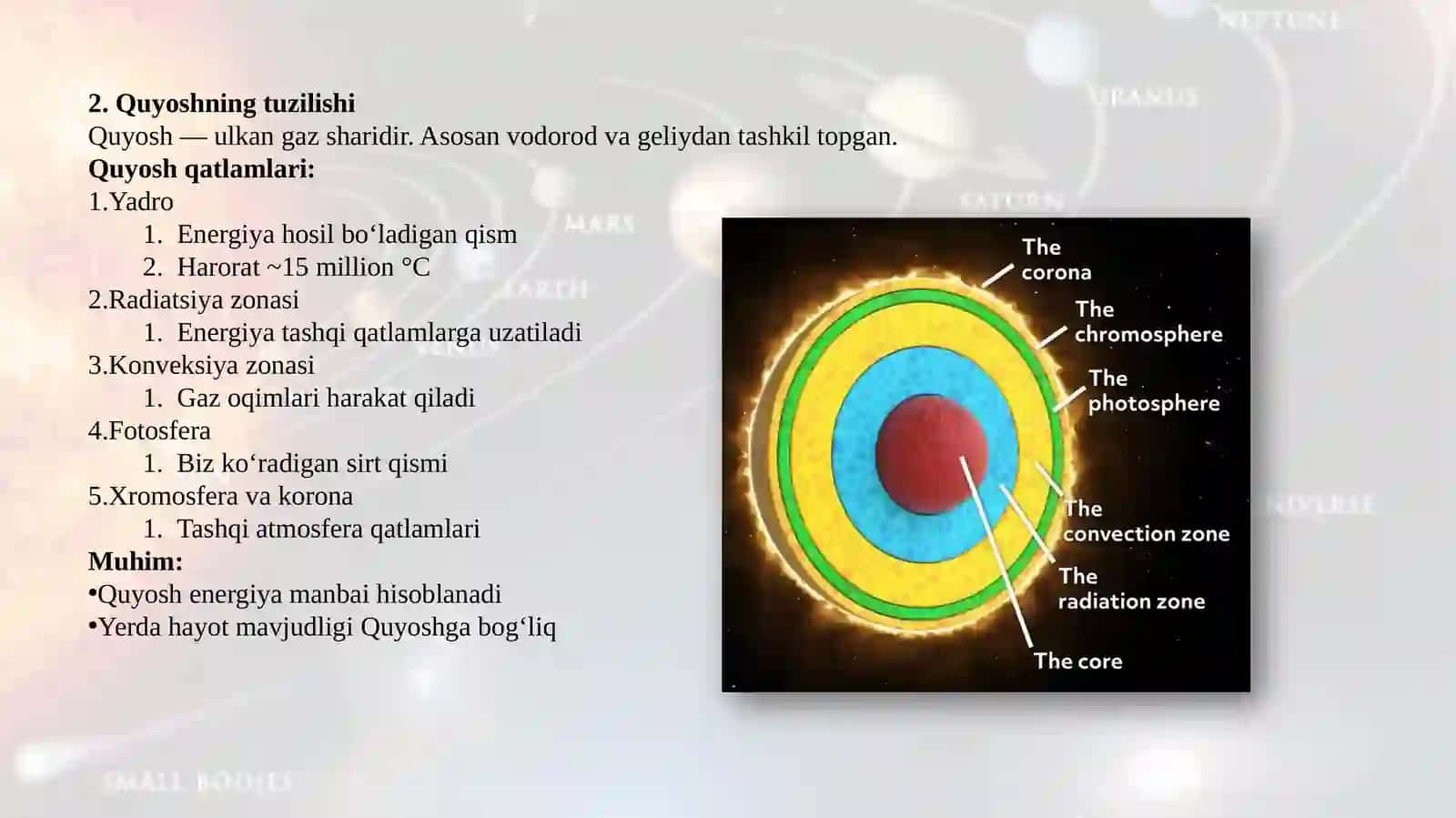 Quyosh sistemasining tuzilishi va osmon jismlarining harakati bobini o'qitish metodikasi 4