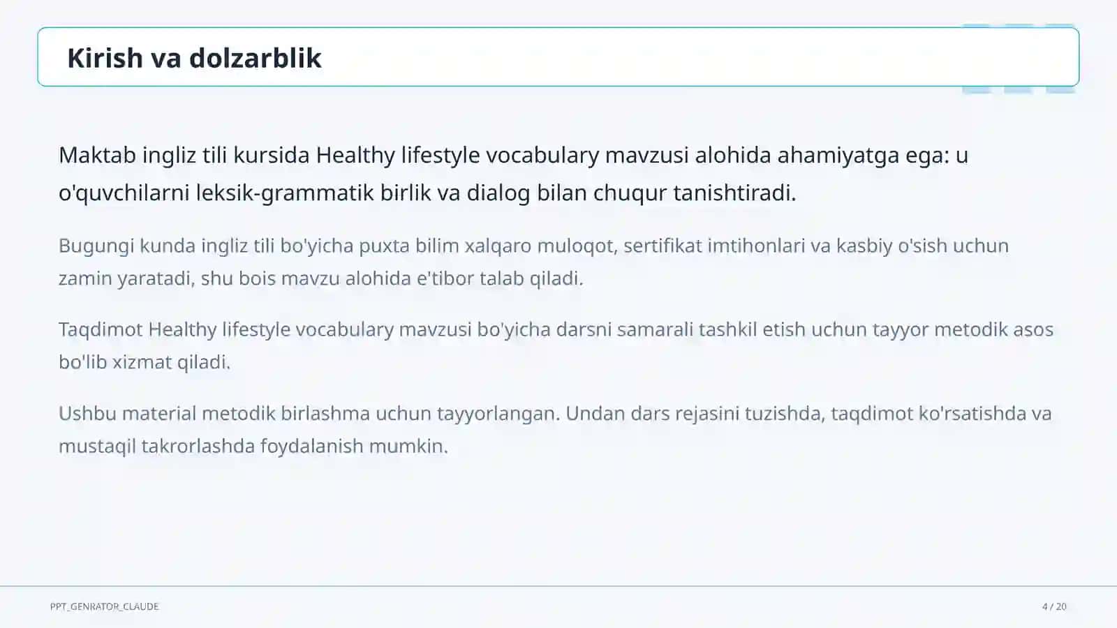 Healthy lifestyle vocabulary (7-sinf) 4